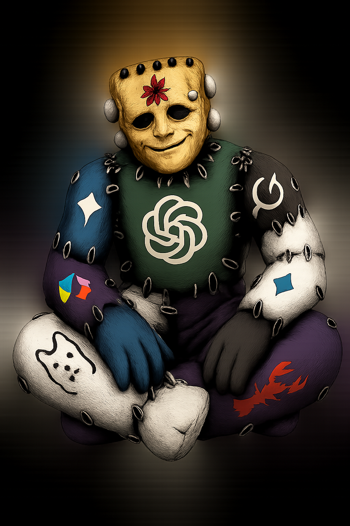 Frankenstack, the ZeroShot Apparel mascot, sitting cross-legged and smiling — stitched together from every AI tool in the stack, taking a break.